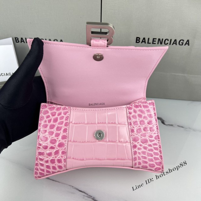 Balenciaga專櫃爆款櫻花粉鱷魚紋銀扣手提女包 巴黎世家原廠xs號Hourglass沙漏包 款號：8896 fyj1196